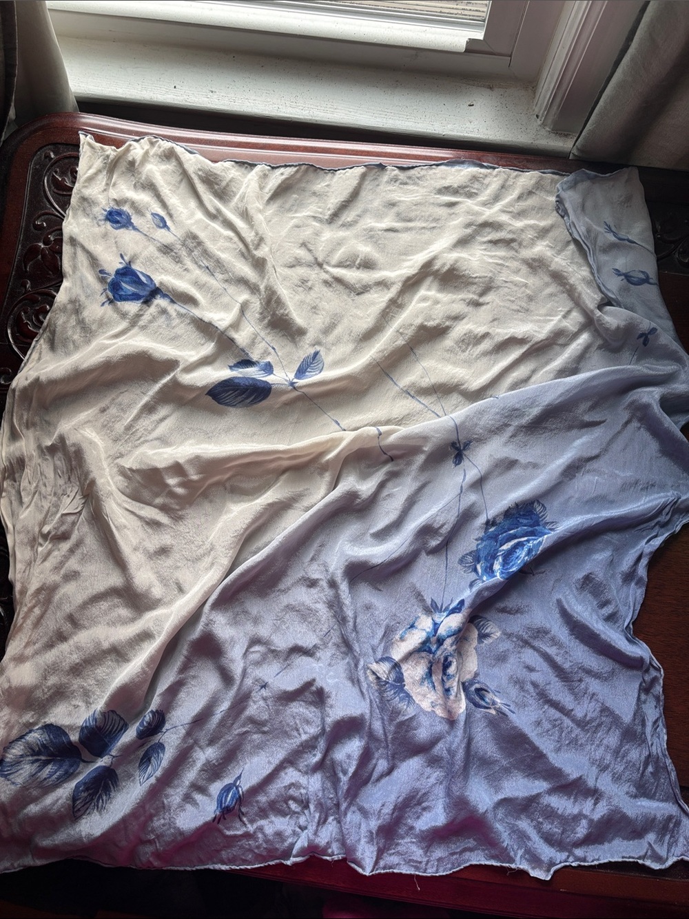 Vintage Floral Blue and Cream Scarf - Elegant Rose Print.